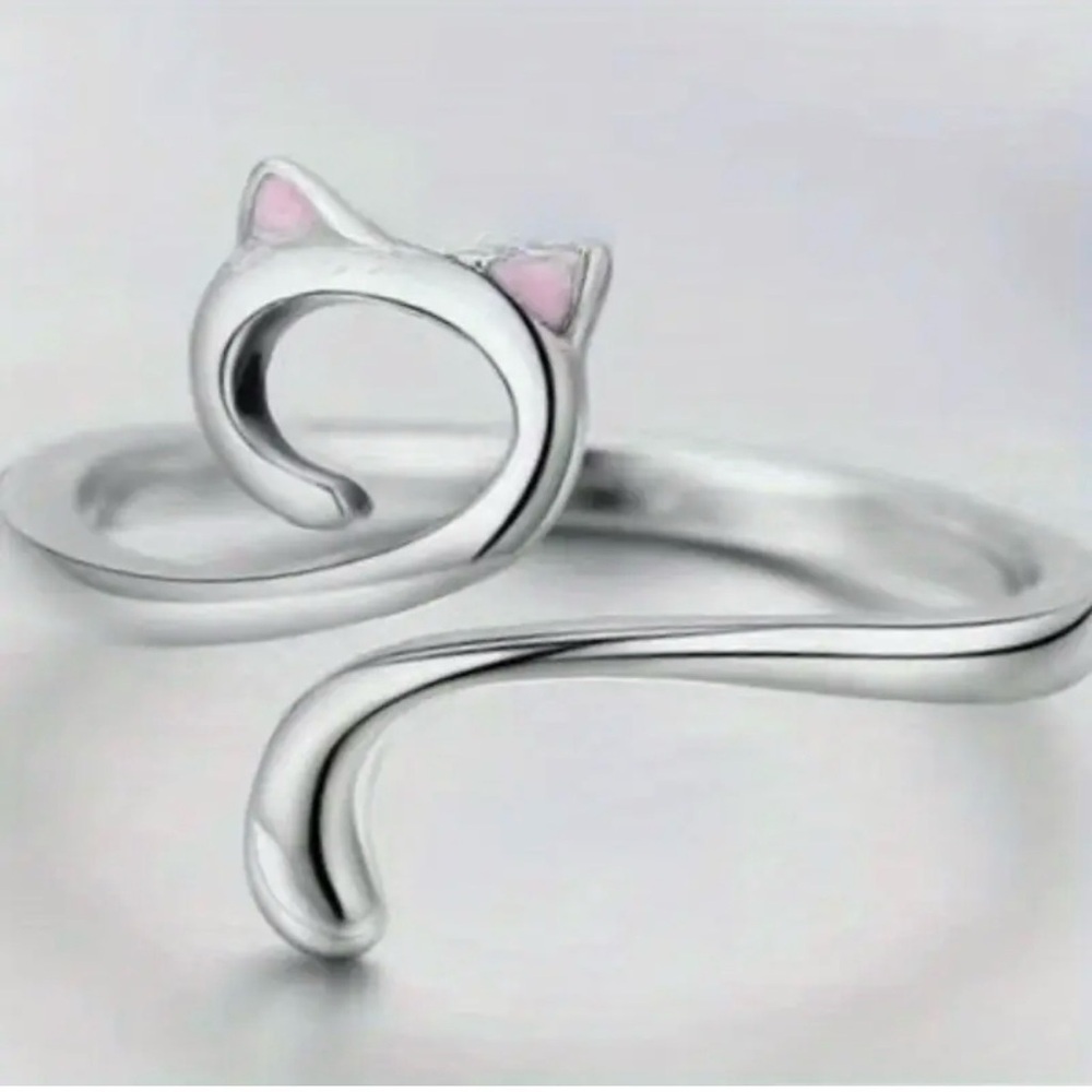 Japanese or Korean INS Style Silver Cat Oil Drip Ring Adjustable Size Cat Ears